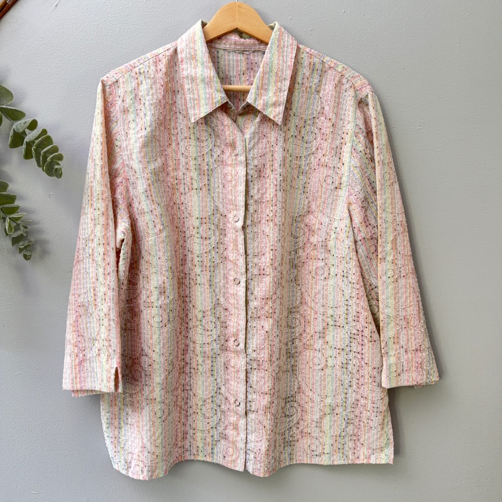 Vtg Alfred Dunner Shirt Cottagecore Coastal Button Eyelet Paisley Striped Pastel